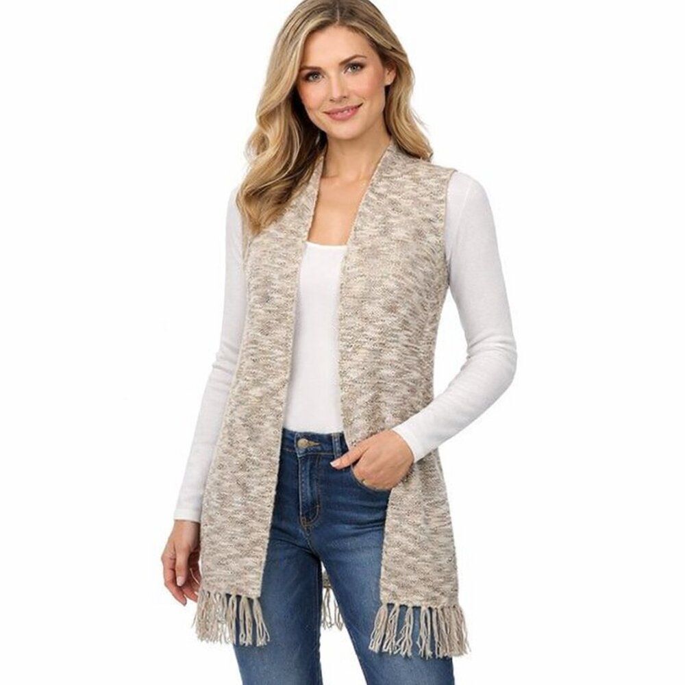 Chico's Cardigan Vest Size 1 (8) Fringe Sweater Beige